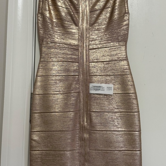 Herve Leger Criss Cross Rose Gold Foil Off The Shoulder Bandage Dress - Picture 9 of 10